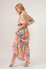 And The Why Puff Sleeve Elastic Edges Geo Printed Crop Top - Trendsi - Flyclothing LLC