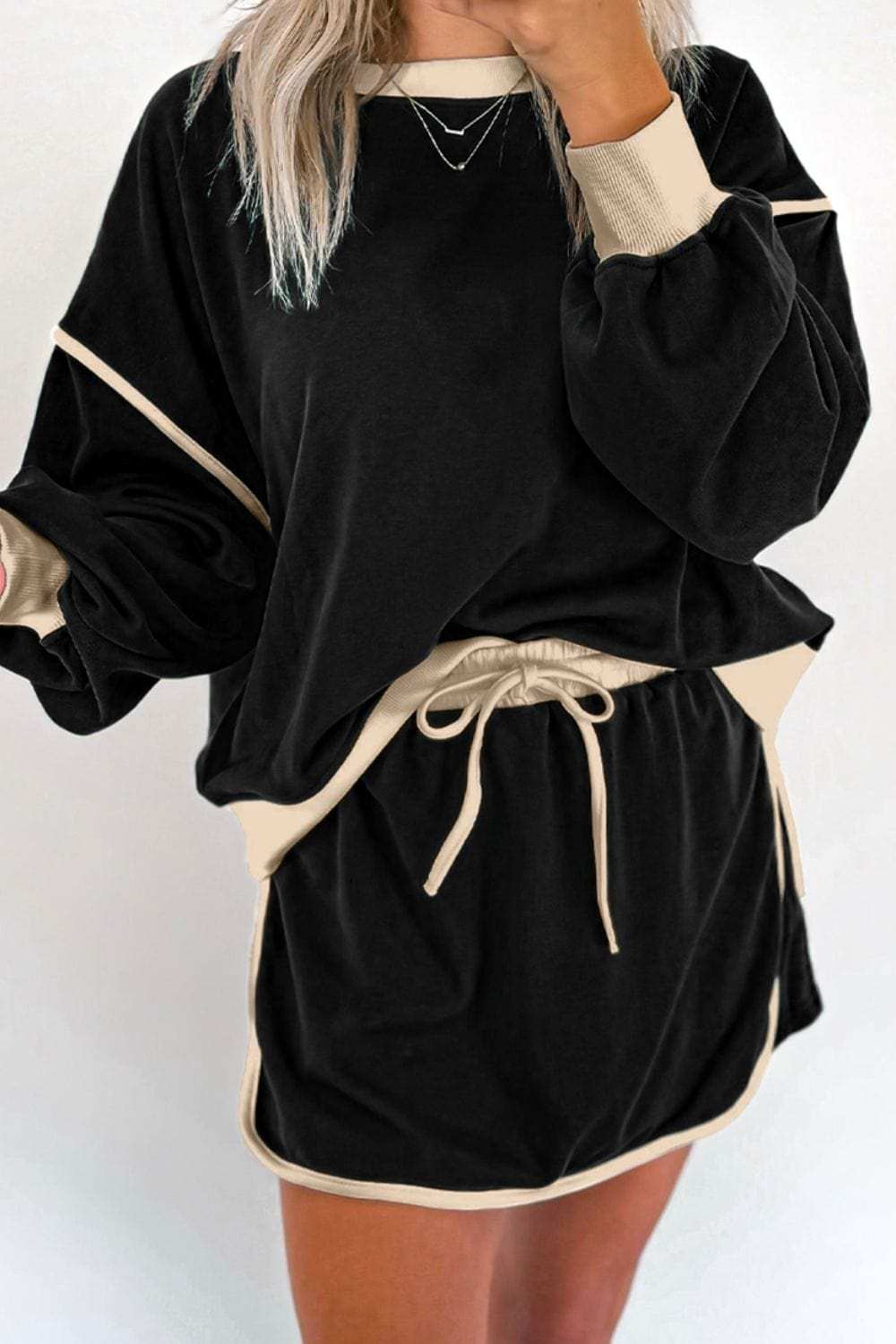 Contrast Trim Round Neck Top and Skort Set - Trendsi - Flyclothing LLC