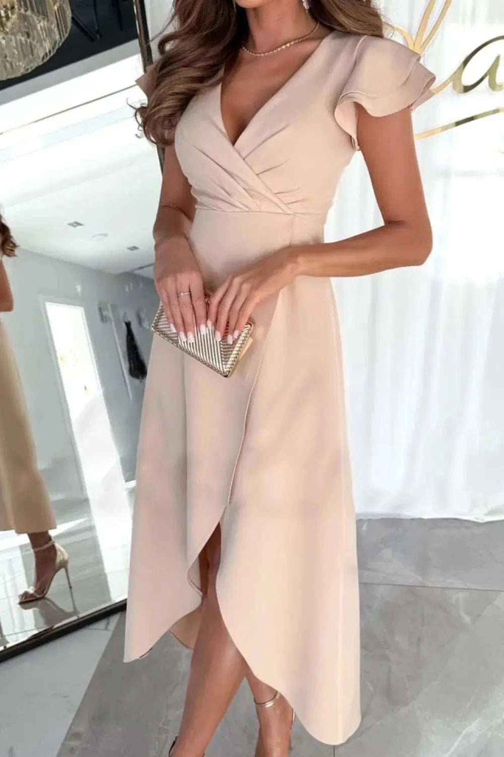 Surplice Ruffled Cap Sleeve Zip Back Dress - Trendsi - Flyclothing LLC