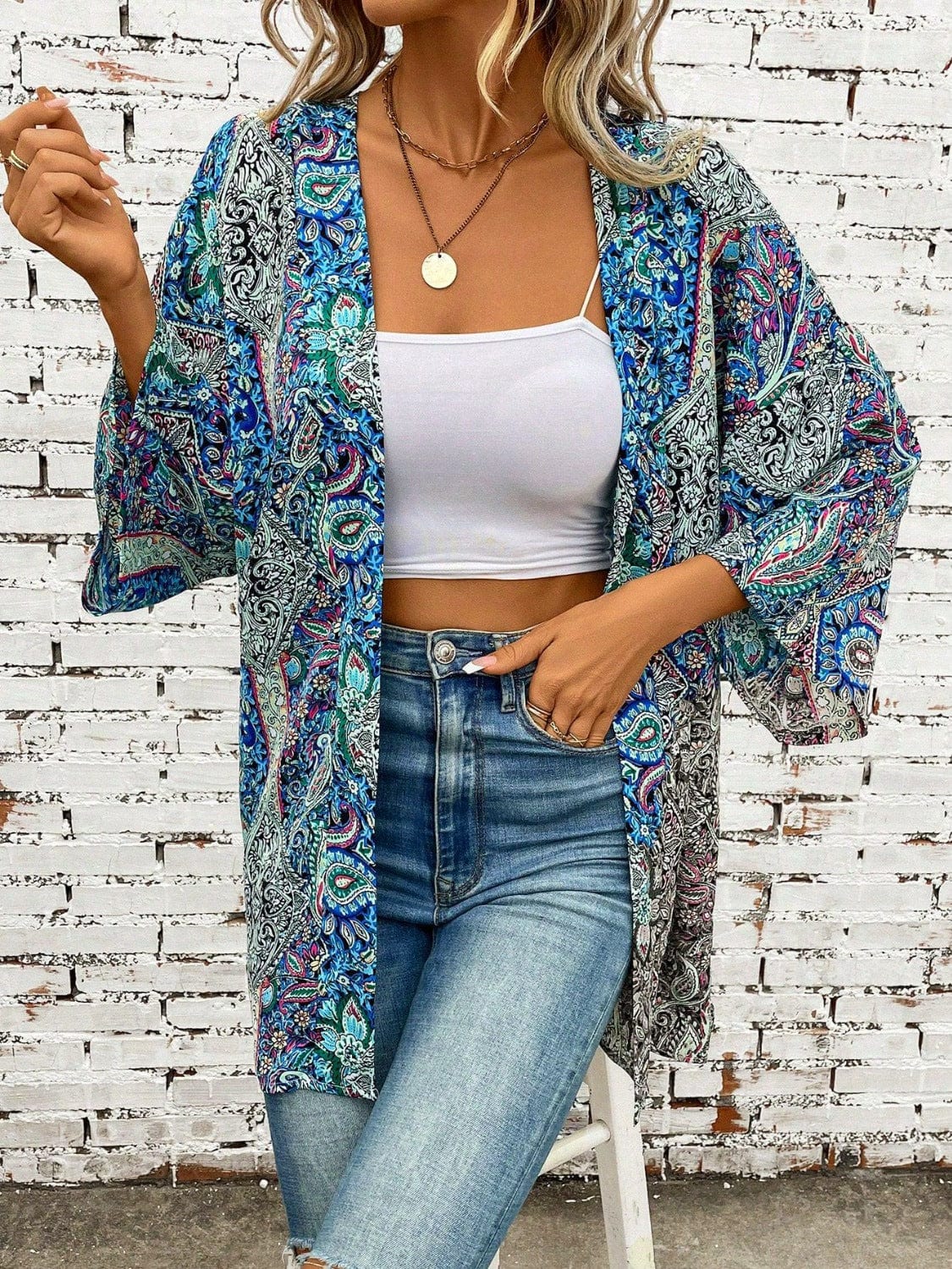 Printed Open Front Three-Quarter Sleeve Cover Up - Trendsi