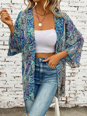 Printed Open Front Three-Quarter Sleeve Cover Up - Trendsi