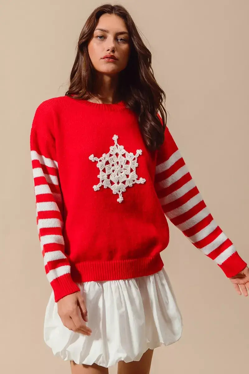 SO ME Christmas Snowflake Crochet Embellished Sweater - Trendsi - Flyclothing LLC