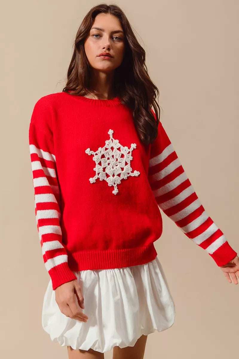 SO ME Christmas Snowflake Crochet Embellished Sweater - Trendsi - Flyclothing LLC