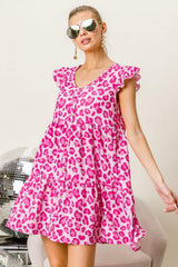 BiBi Leopard Cap Sleeve Tiered Mini Dress - Trendsi - Flyclothing LLC