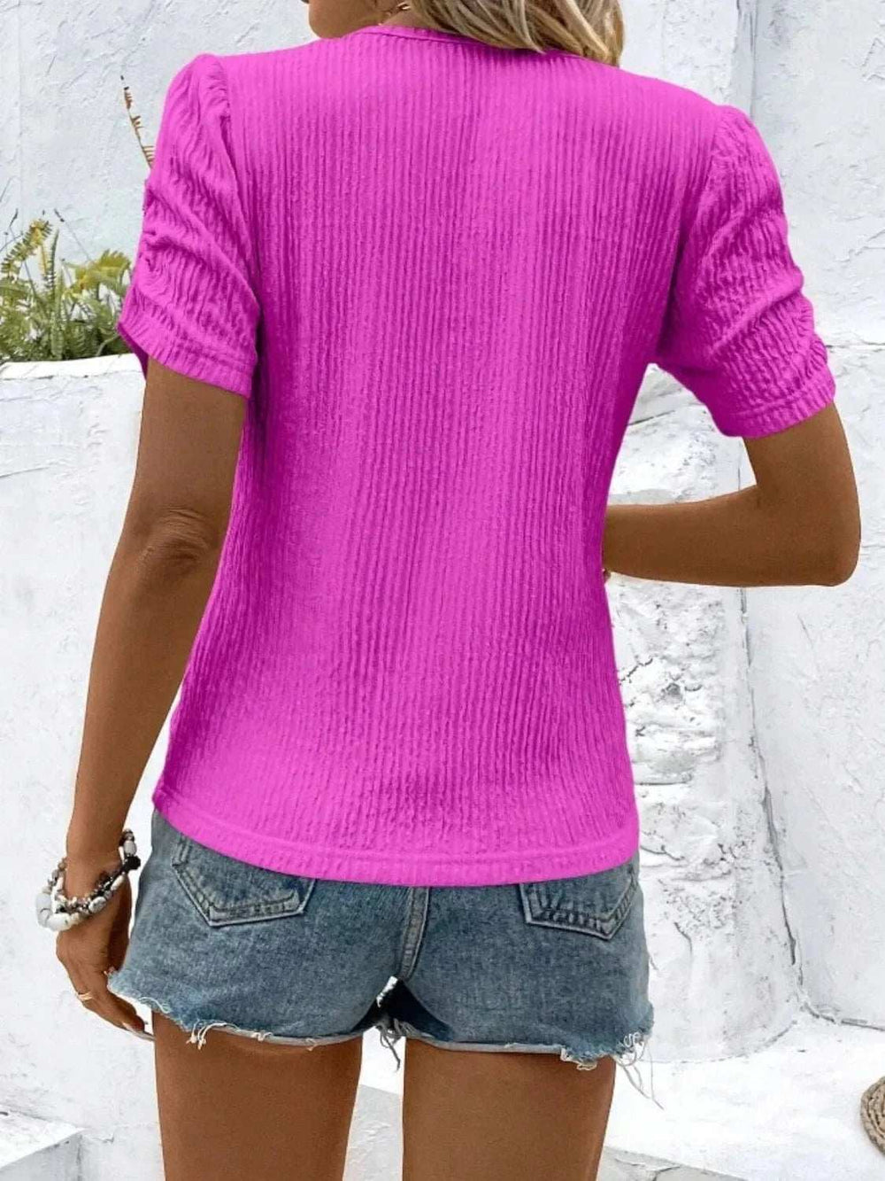 Ruched Round Neck Short Sleeve Top - Trendsi - Flyclothing LLC