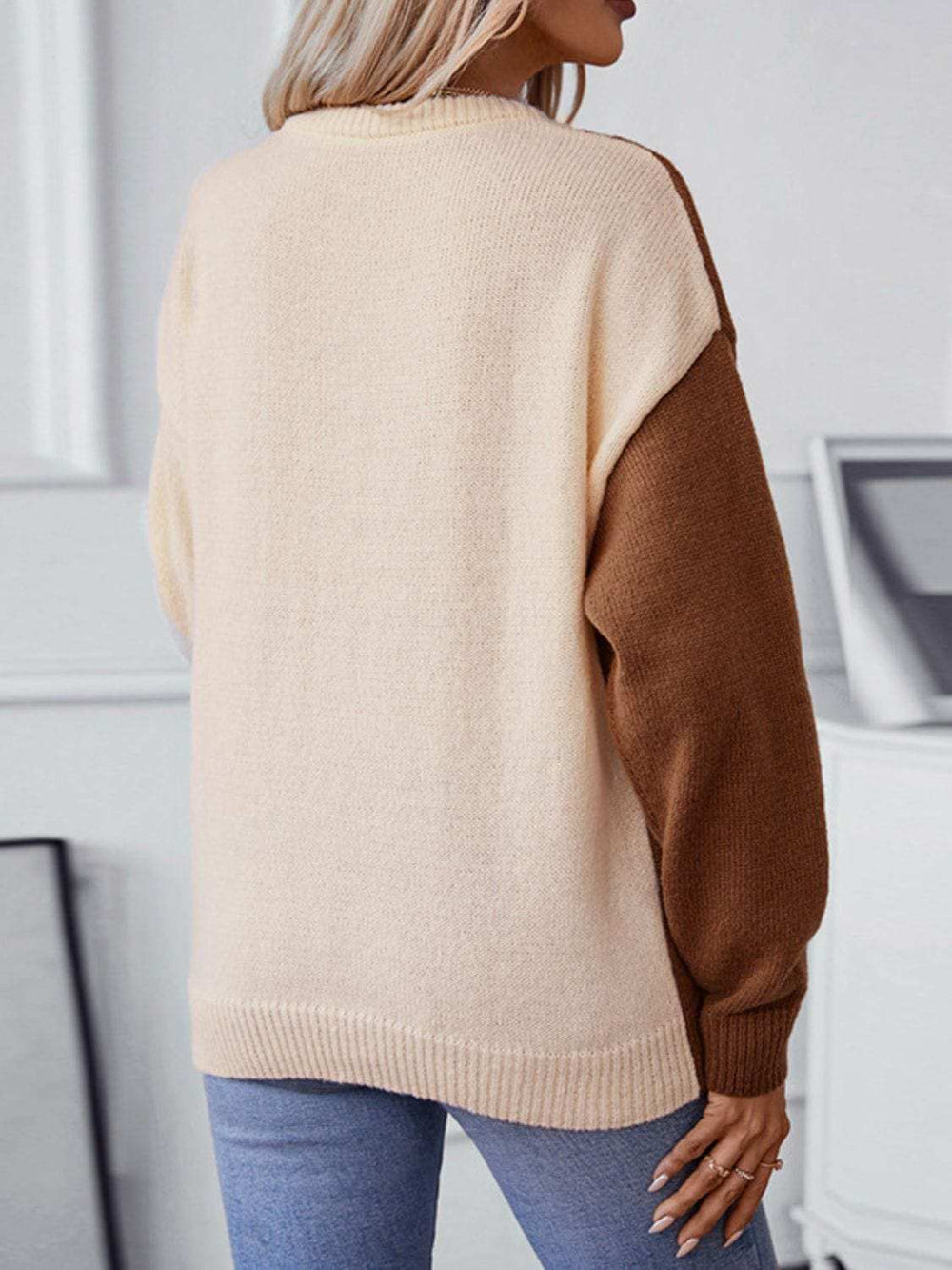 Two Tone Cable Knit Round Neck Long Sleeve Sweater - Trendsi - Flyclothing LLC