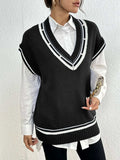 Pearl Trim Contrast V-Neck Sweater Vest - Trendsi - Flyclothing LLC