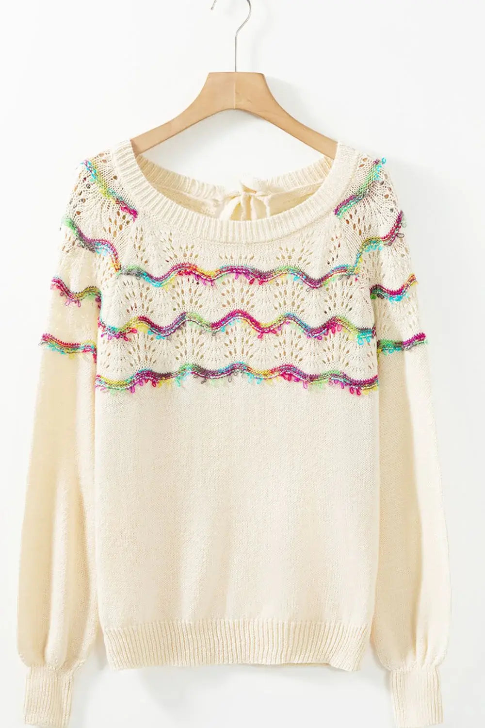 Openwork Wavy Striped Round Neck Sweater - Trendsi - Flyclothing LLC