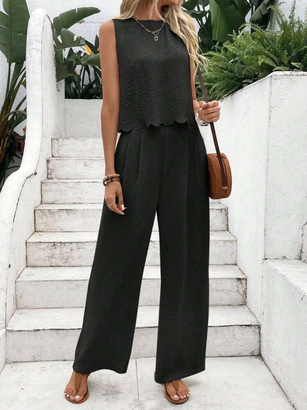 Tie Back Round Neck Top and Pants Set - Trendsi - Flyclothing LLC