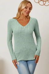 Basic Bae Full Size Ribbed V-Neck Long Sleeve T-Shirt - ShopBasicbae - Flyclothing LLC