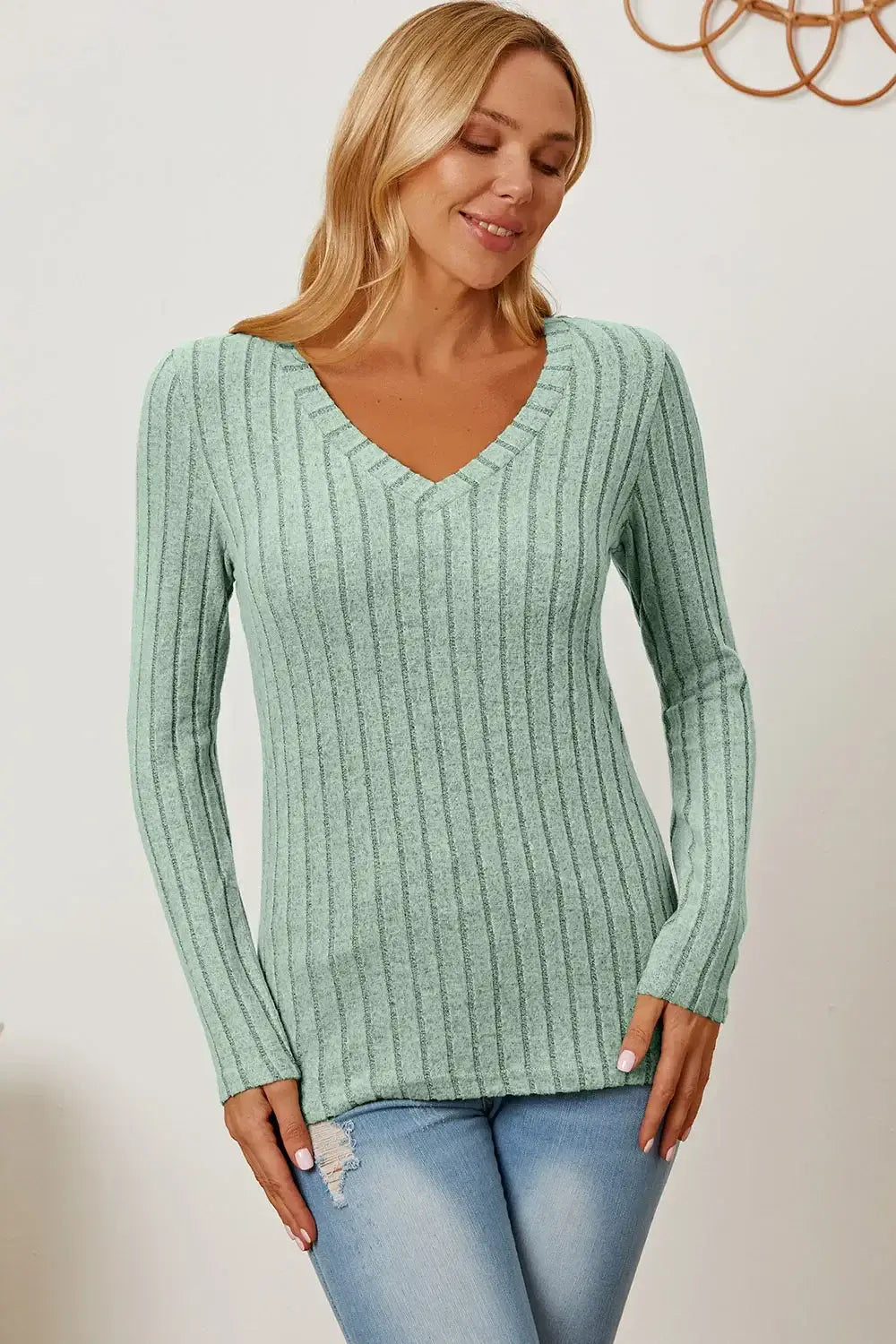 Basic Bae Full Size Ribbed V-Neck Long Sleeve T-Shirt - ShopBasicbae - Flyclothing LLC