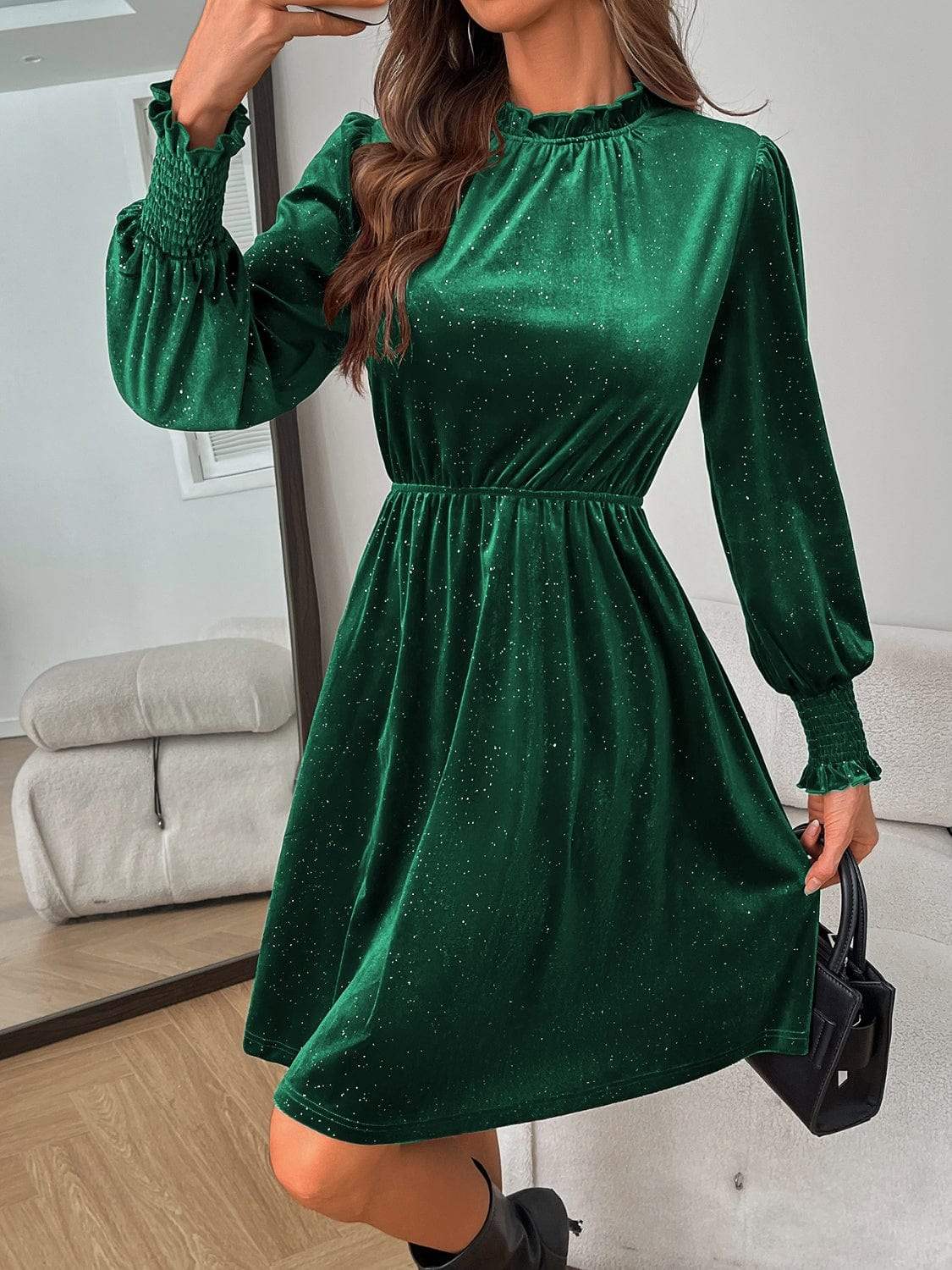 Glitter Mock Neck Long Sleeve Mini Dress - Trendsi - Flyclothing LLC