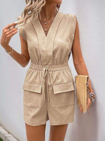Perfee Drawstring V-Neck Sleeveless Romper - Trendsi - Flyclothing LLC