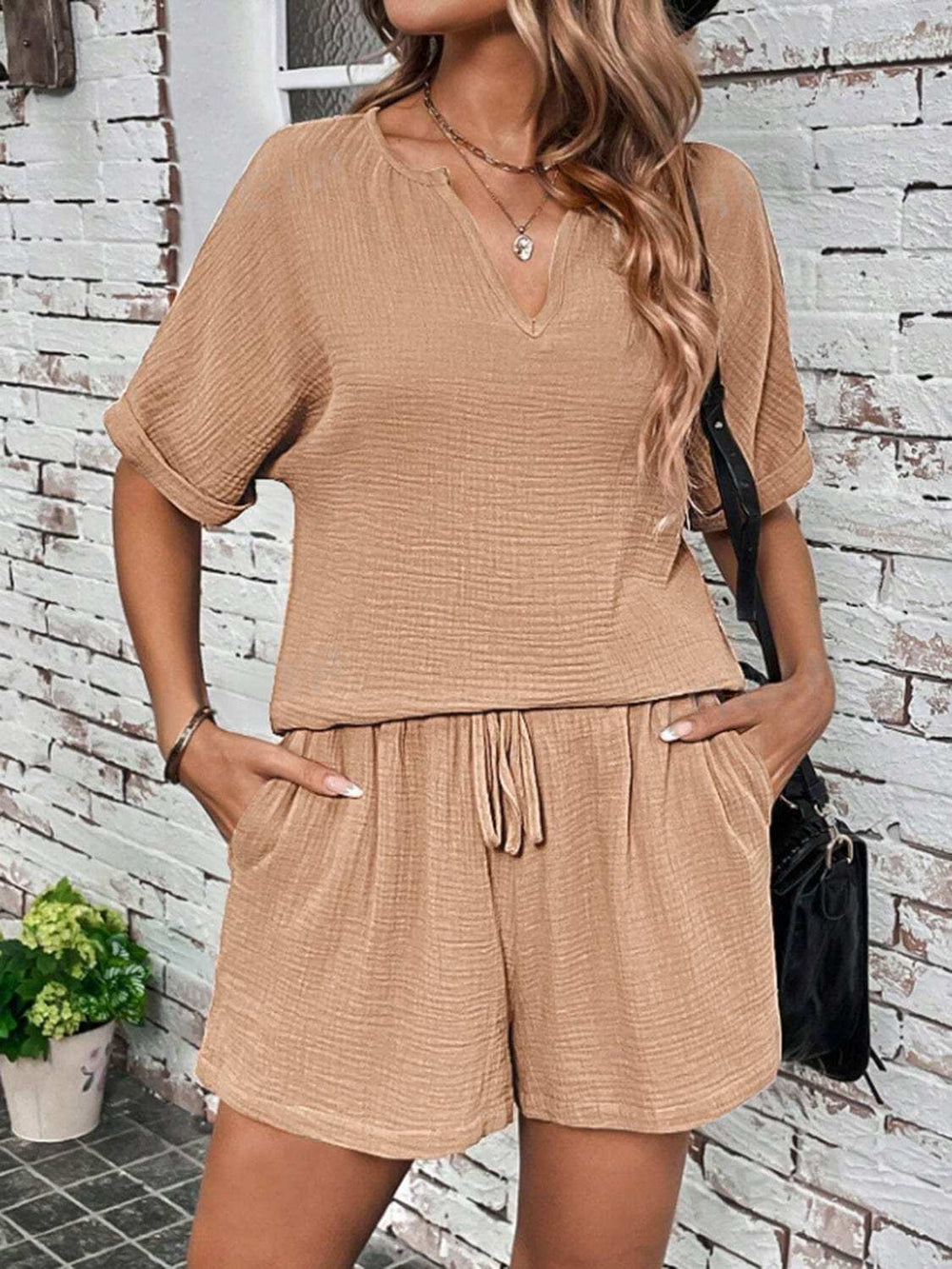 Notched Half Sleeve Top and Shorts Set - Trendsi - Flyclothing LLC