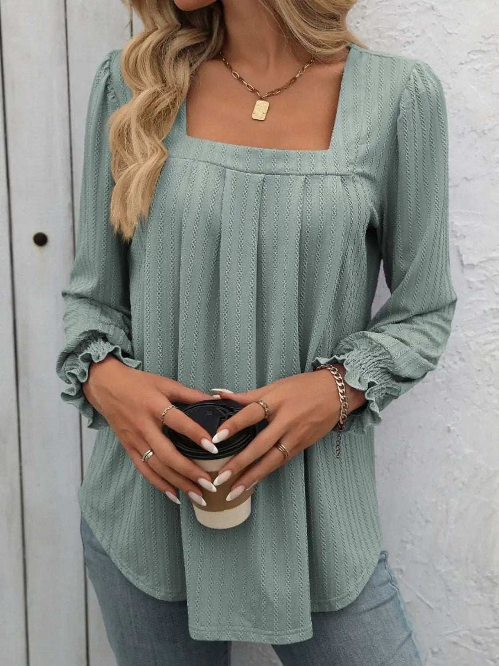 Square Neck Long Sleeve Top - Trendsi - Flyclothing LLC