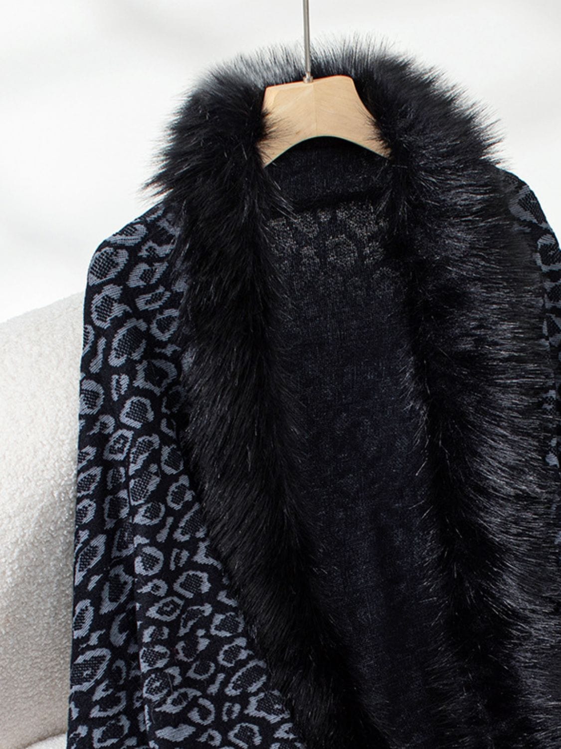 Fringe Leopard Open Front Long Sleeve Poncho - Trendsi