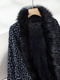 Fringe Leopard Open Front Long Sleeve Poncho - Trendsi