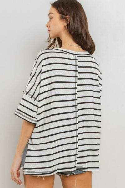 Ces Femme Side Slit Striped Round Neck Half Sleeve T-Shirt - Trendsi - Flyclothing LLC