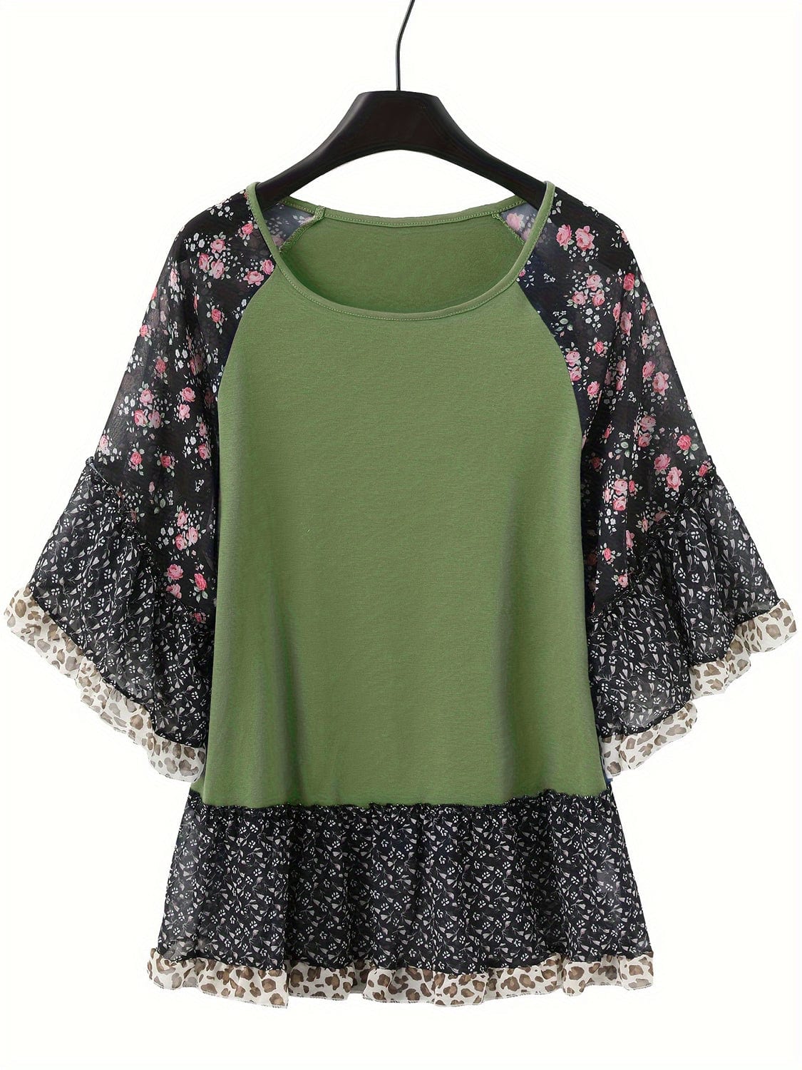 Full Size Frill Printed Round Neck Half Sleeve Blouse - Trendsi