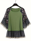Full Size Frill Printed Round Neck Half Sleeve Blouse - Trendsi - Flyclothing LLC