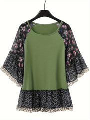 Full Size Frill Printed Round Neck Half Sleeve Blouse - Trendsi