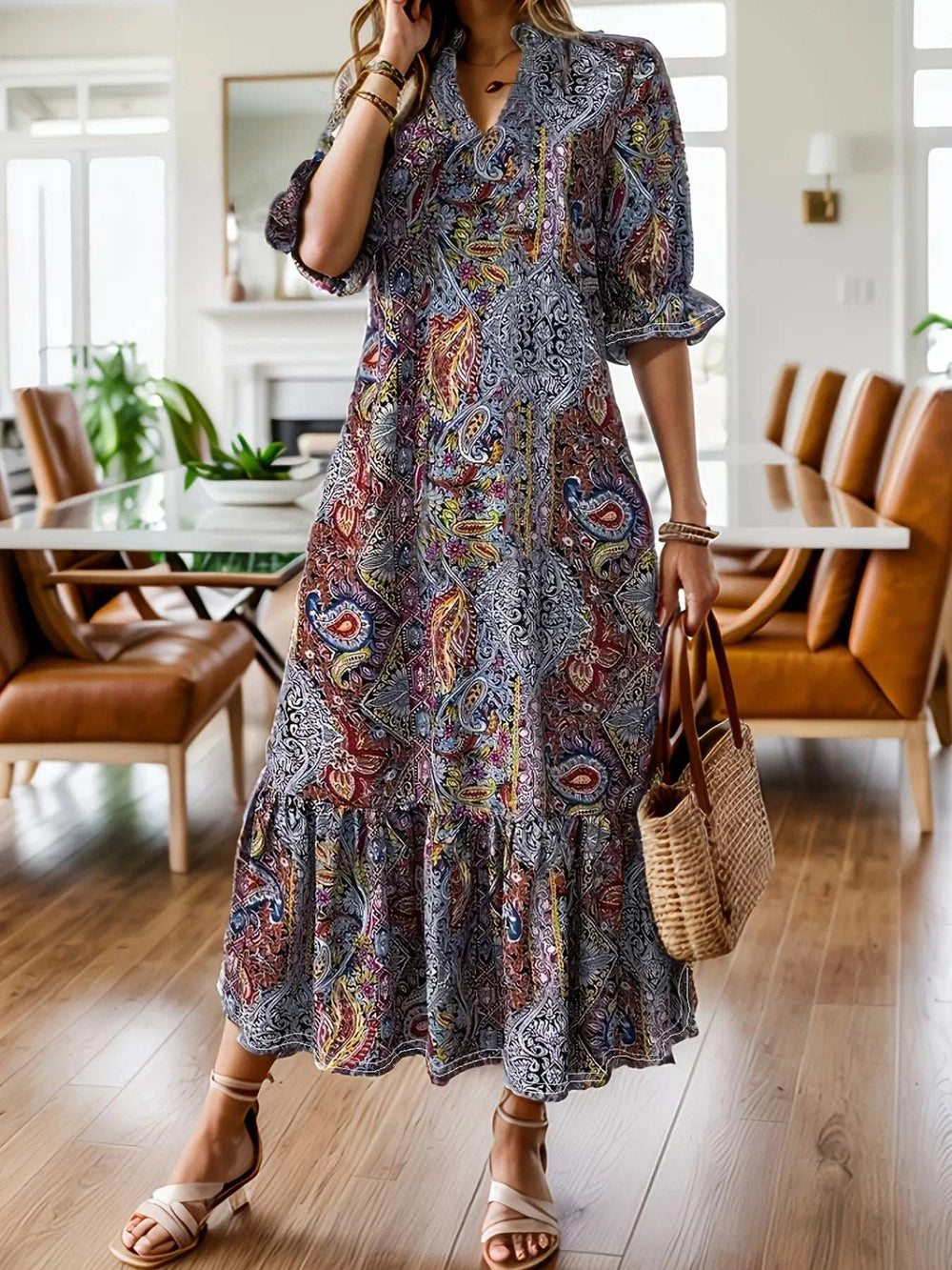 Full Size Bohemian Paisley Print Ruffle Hem Midi Dress Plus Size - Trendsi - Flyclothing LLC
