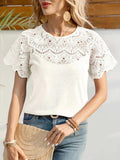 Round Neck Short Sleeve Crochet Top - Trendsi - Flyclothing LLC