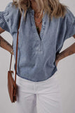 V Neck Ruffled Short Puff Sleeve Denim Top - Trendsi - Flyclothing LLC