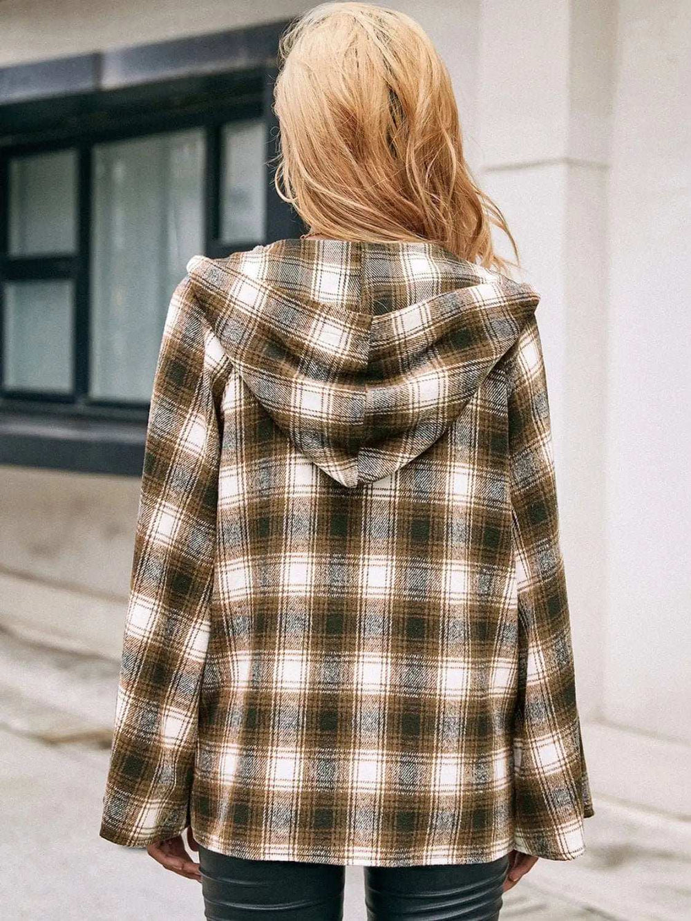 Pocketed Plaid Long Sleeve Hooded Jacket - Trendsi - Flyclothing LLC