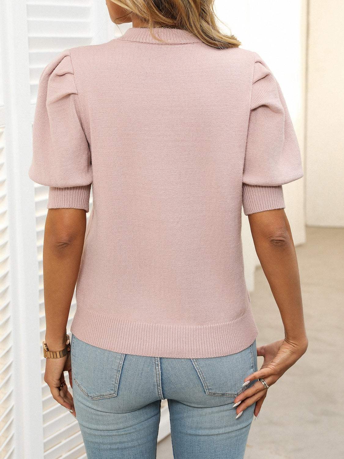 Mandy Mock Neck Puff Sleeve Sweater - Trendsi - Flyclothing LLC