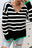 Striped V-Neck Long Sleeve Knit Top - Trendsi - Flyclothing LLC