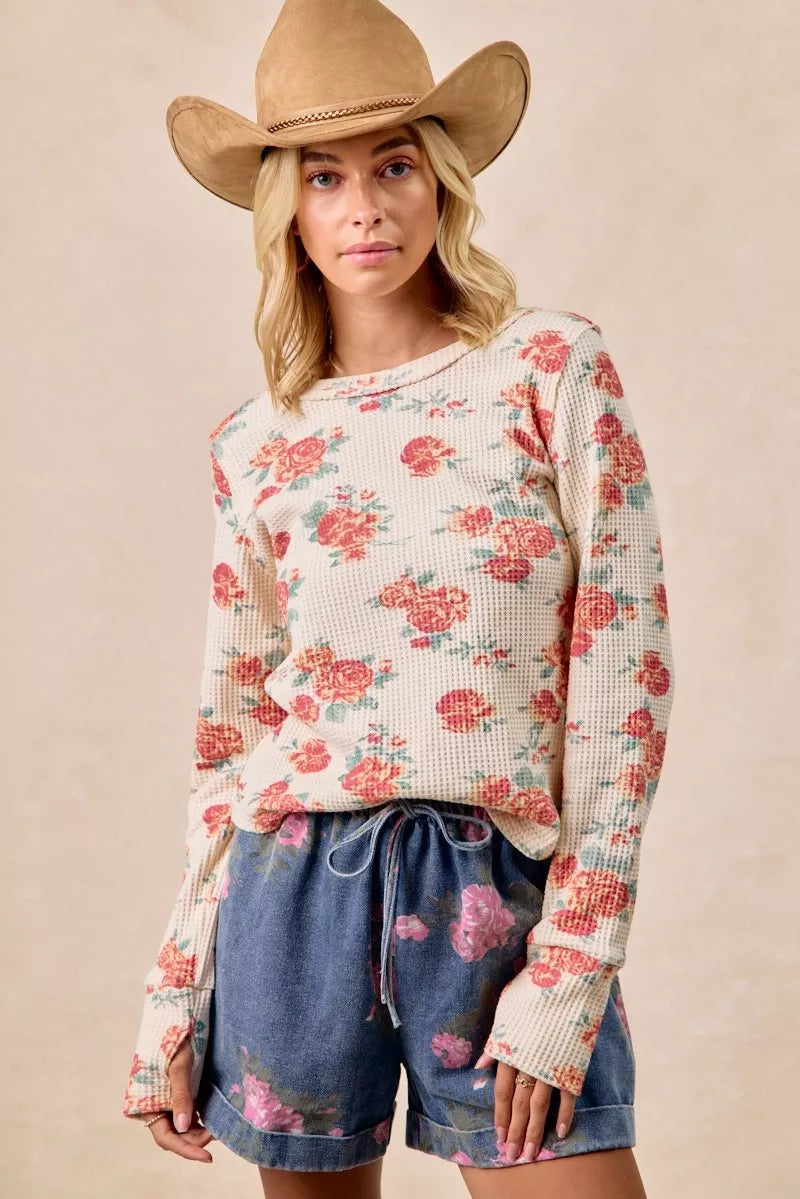 BiBi Floral Print Washed Waffle Thermal Top With Thumb - Trendsi - Flyclothing LLC
