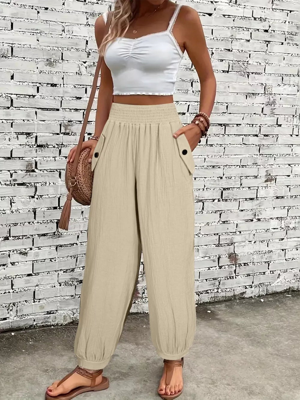 Smocked Textured Casual Pants - Trendsi - Flyclothing LLC