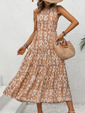 Frill Cutout Printed Round Neck Sleeveless Dress - Trendsi