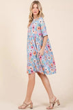 BOMBOM Floral Shirred Dress with Pockets - Trendsi