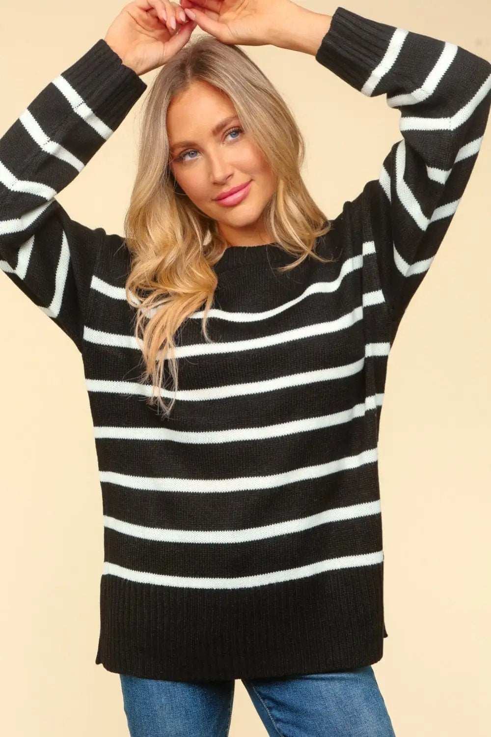 Haptics Full Size Striped Contrast Side Slit Sweater - Trendsi - Flyclothing LLC