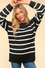 Haptics Full Size Striped Contrast Side Slit Sweater - Trendsi
