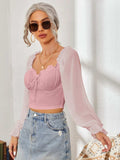 Mesh Sweetheart Neck Flounce Sleeve Top - Trendsi - Flyclothing LLC
