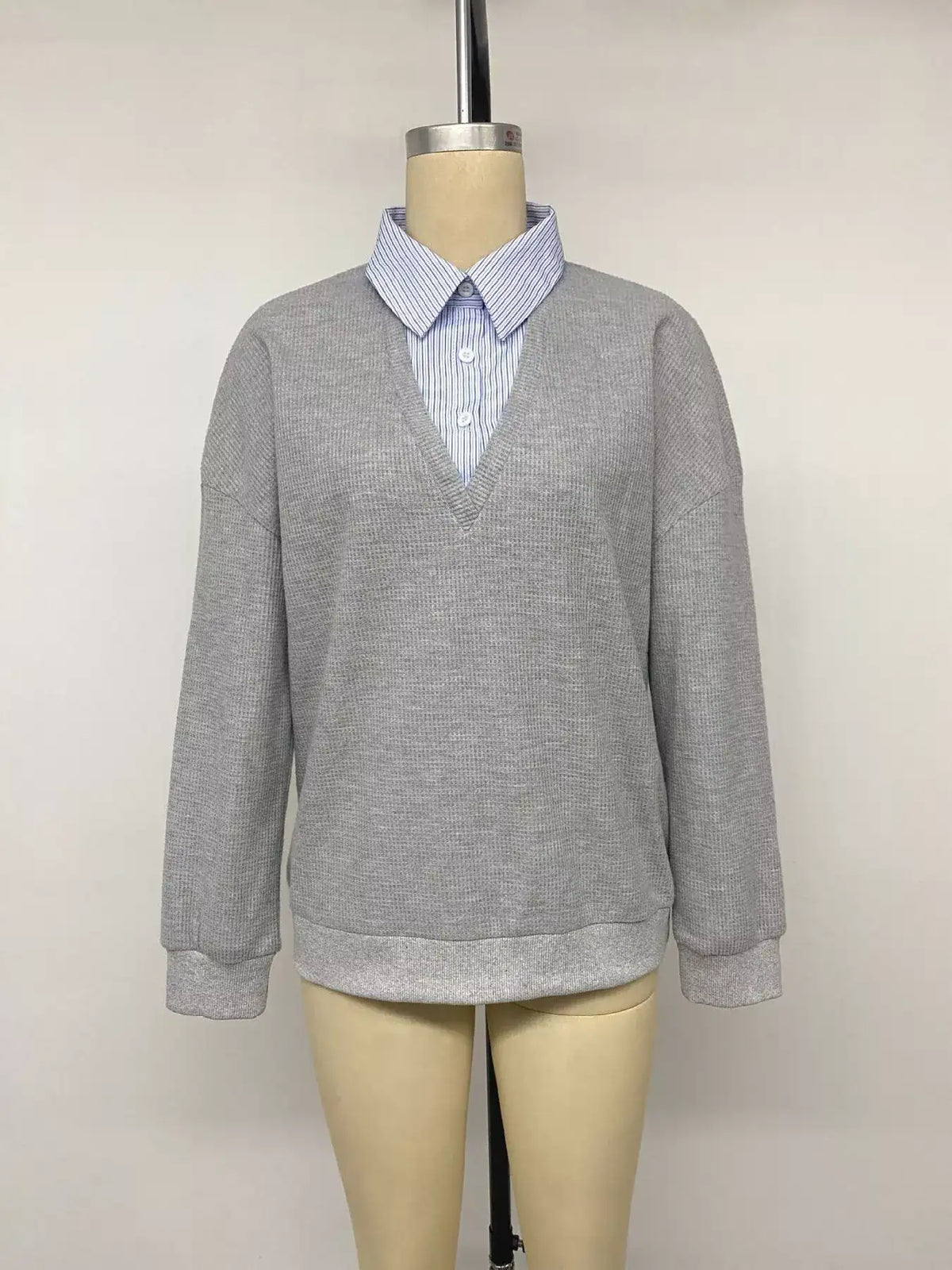 Striped Collar Dropped Shoulder Sweatshirt - Trendsi - Flyclothing LLC