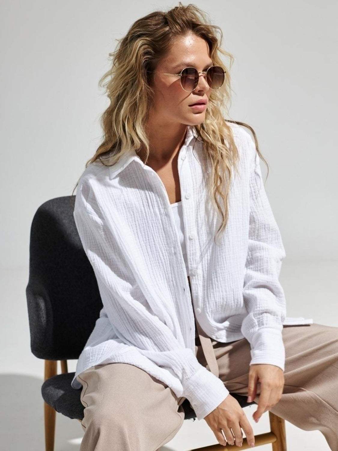 Textured Collared Neck Long Sleeve Shirt - Trendsi - Flyclothing LLC