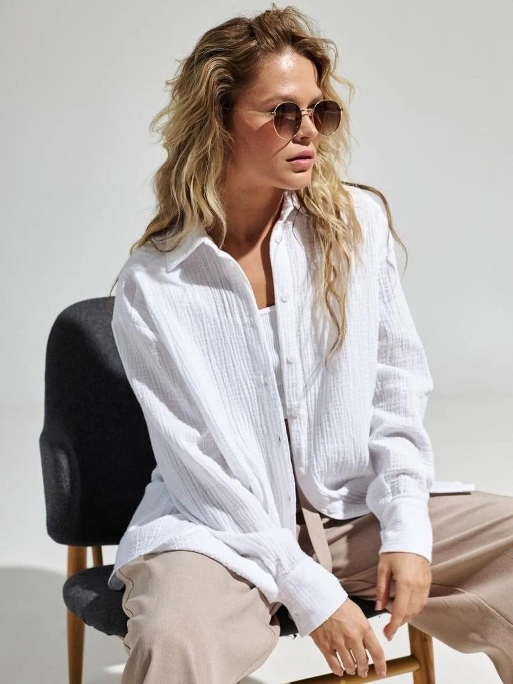 Textured Collared Neck Long Sleeve Shirt - Trendsi
