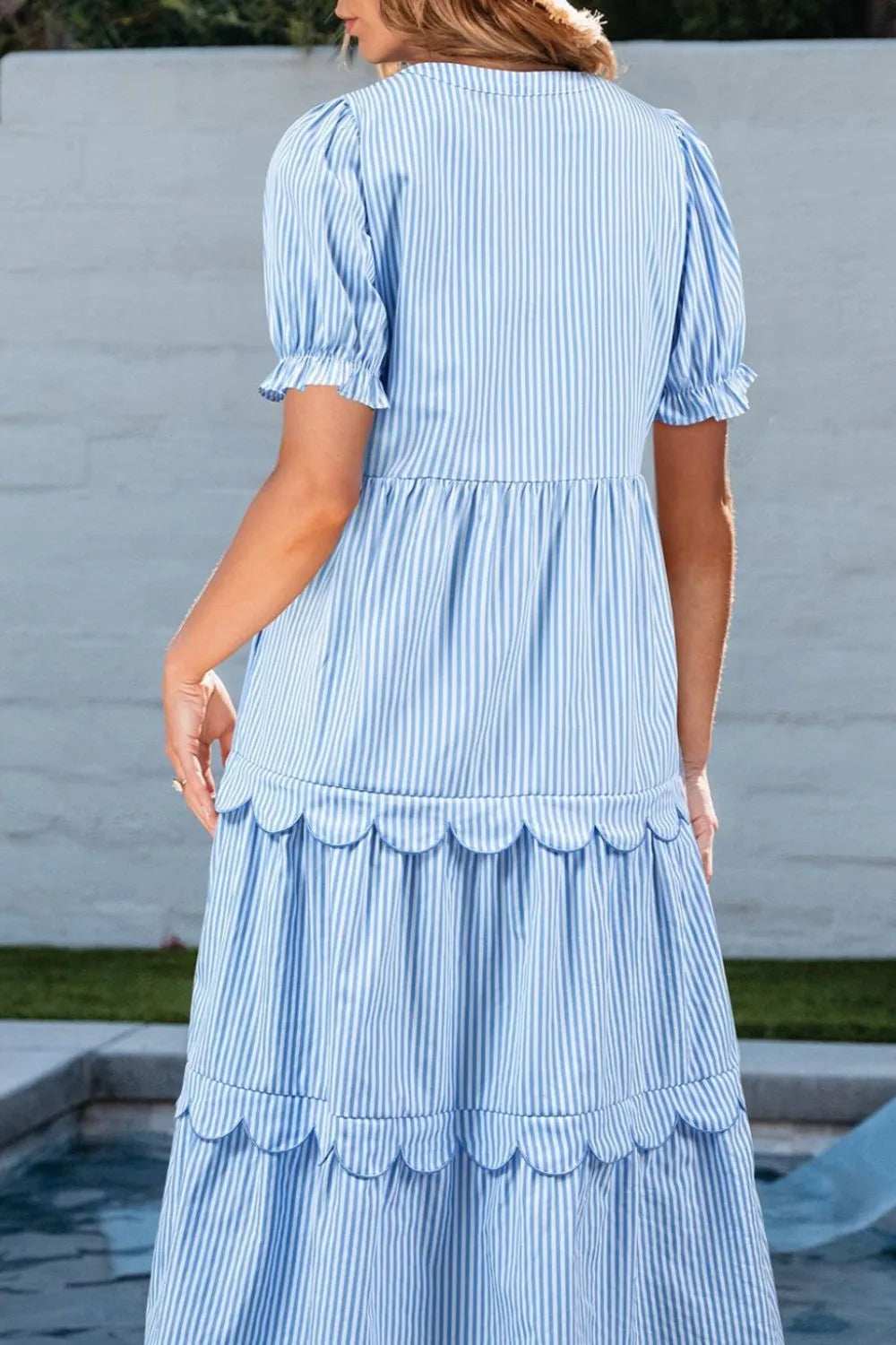 Stripe Bubble Short Sleeve Tiered Scallop Midi Dress - Trendsi - Flyclothing LLC