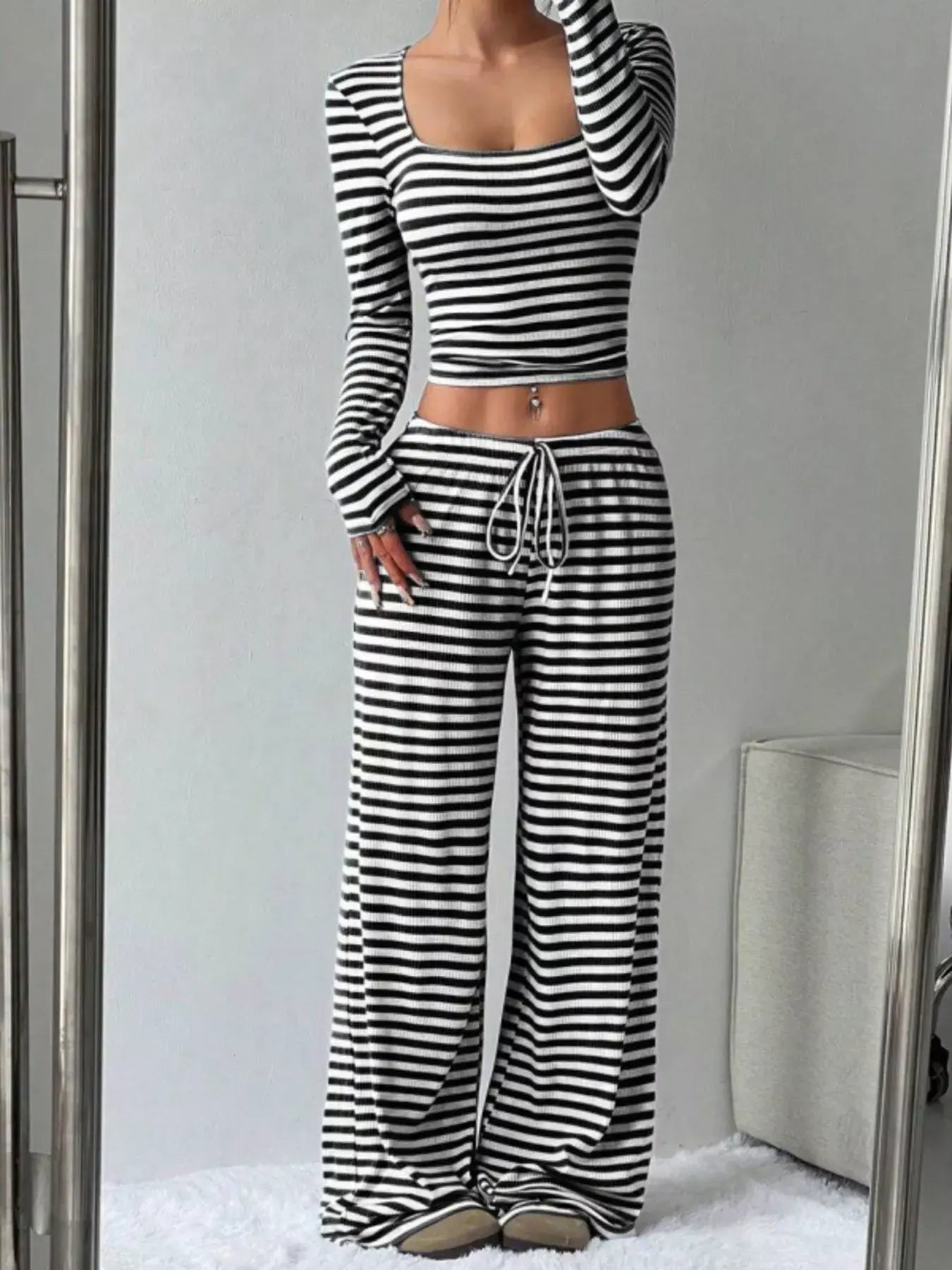 Striped Long Sleeve Crop Top and Wide Leg Pants Set - Trendsi - Flyclothing LLC