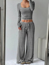Striped Long Sleeve Crop Top and Wide Leg Pants Set - Trendsi - Flyclothing LLC
