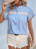 Perfee Half Button Striped Short Sleeve Blouse - Trendsi - Flyclothing LLC
