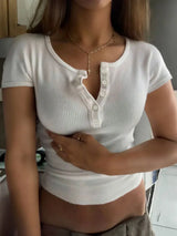 Ribbed Button Detail Round Neck Short Sleeve T-Shirt - Trendsi - Flyclothing LLC
