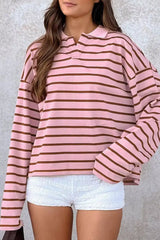 Stripe Striped Long Sleeve Collar Shift Top - Trendsi - Flyclothing LLC