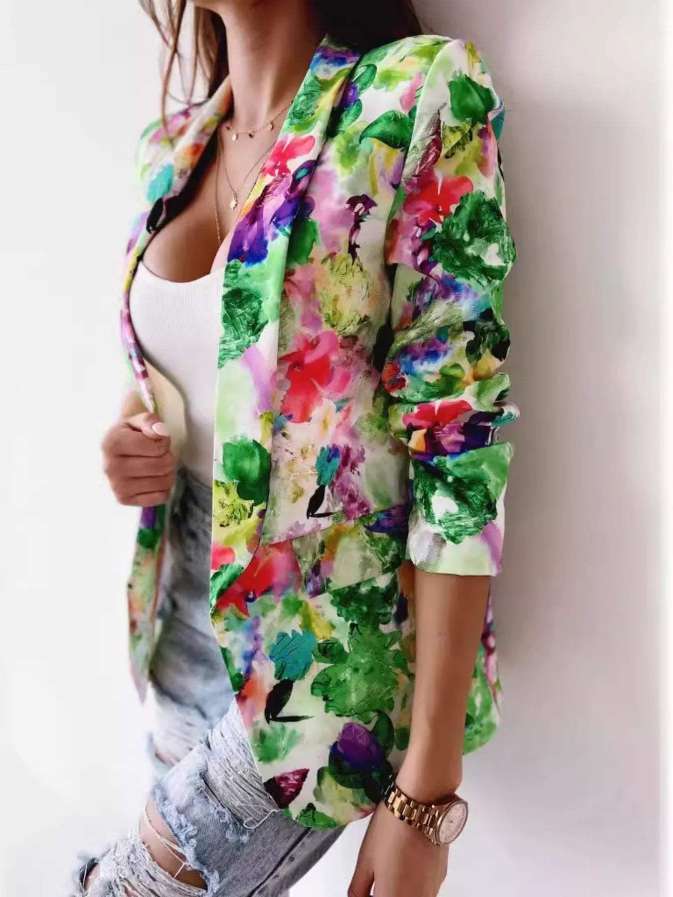 Vibrant Floral Print Open Front Blazer - Trendsi - Flyclothing LLC