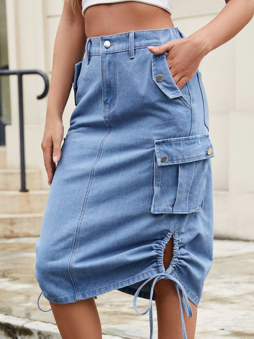Drawstring Denim Skirt with Cargo Pockets - Trendsi - Flyclothing LLC