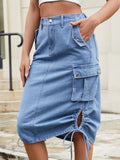 Drawstring Denim Skirt with Cargo Pockets - Trendsi